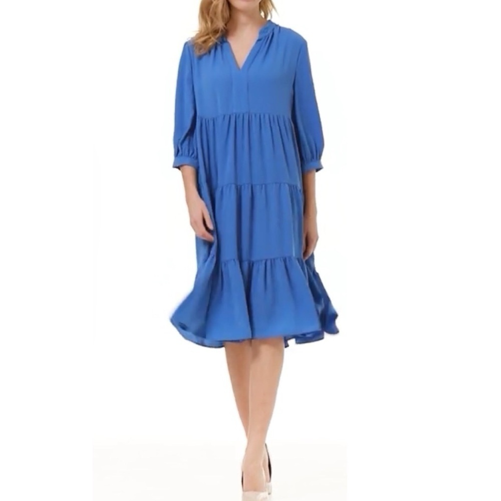 NEW Joseph Ribkoff Tiered Midi Dress V Neck Pullover Blue Size 6 3/4 Sleeves